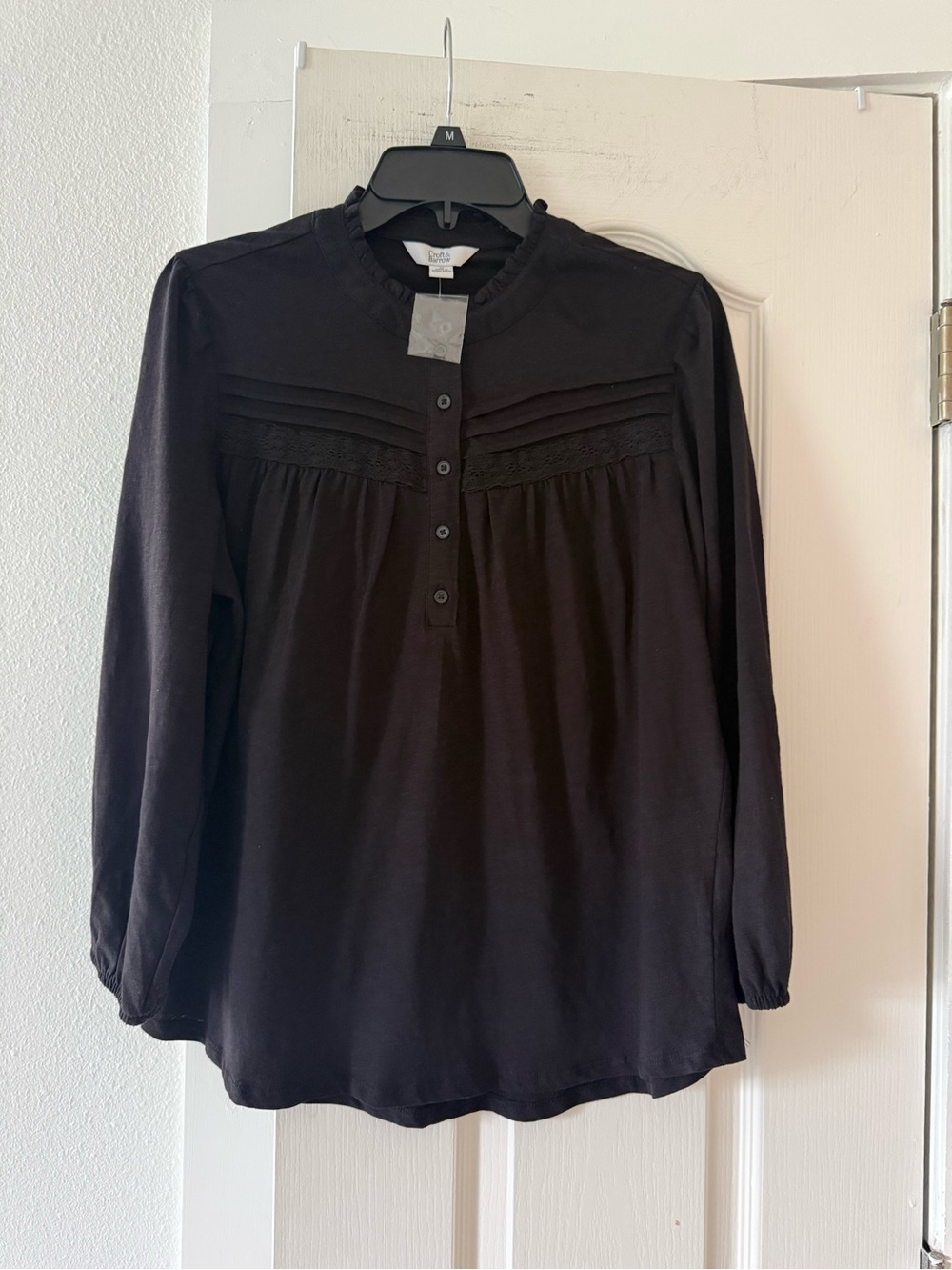 NWT Croft & Barrow Black Lace Pintuck Yoke 3/4 Sleeve Blouse M